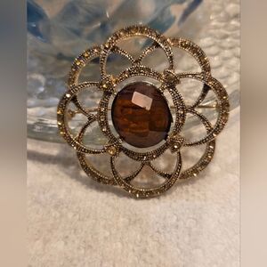 Monet Large Gold Brooch with Amber and Yellow Stones Vintage